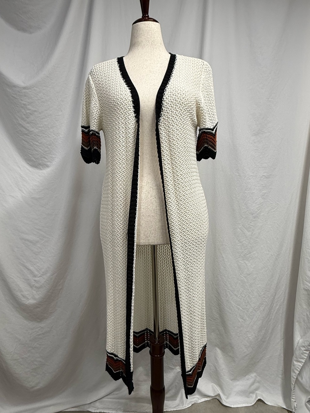 Long Open Knit Cardigan with Zig Zag Contrast Trim